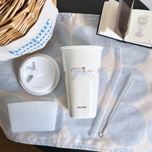 适用于喜茶马年限定陶瓷杯咖啡杯食品级硅胶杯盖防烫杯套吸管套装