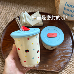 可爱企鹅家族波点pingu陶瓷杯咖啡杯带盖密封吸管杯牛奶家用杯子
