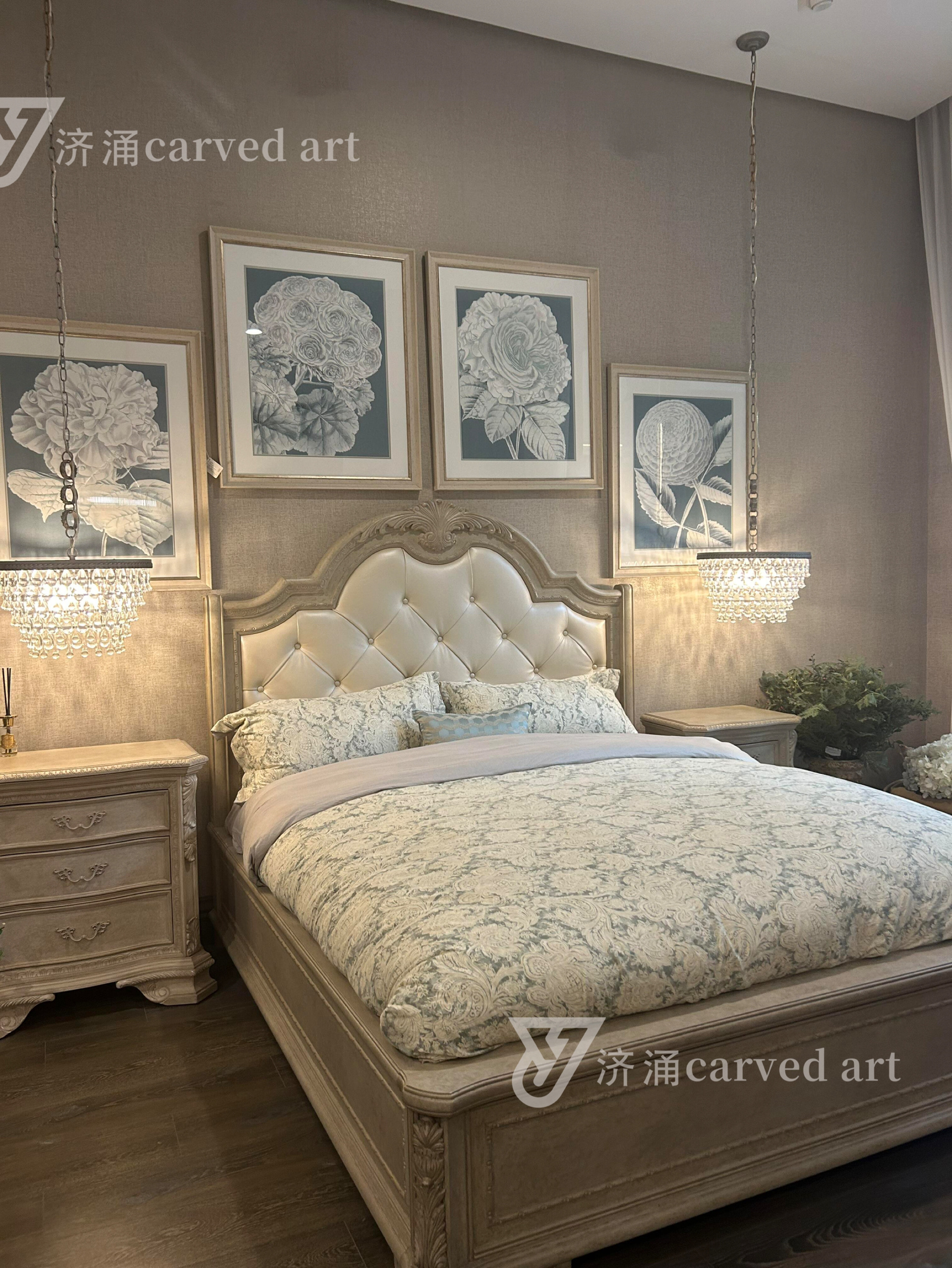 美式ART复兴印记实木床双人床1.8米法式公主复古做旧真皮雕花婚床