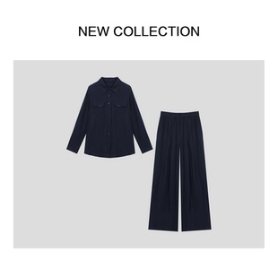 藏青色套装 两件套女春季 穿搭简约日常 阔腿裤 翻领衬衫