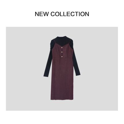 复古优雅吊带拼接长袖连衣裙 D3F58037