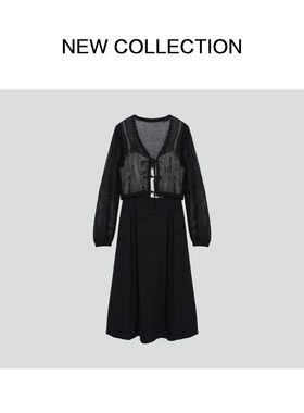 L5F26166简约雅致修身时尚连衣裙黑色蕾丝裙子-6166
