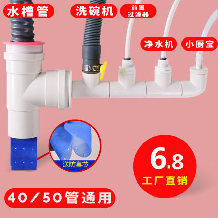 厨房水槽洗碗机净水器下水小厨宝洗衣机排水管二合一接头三通防臭