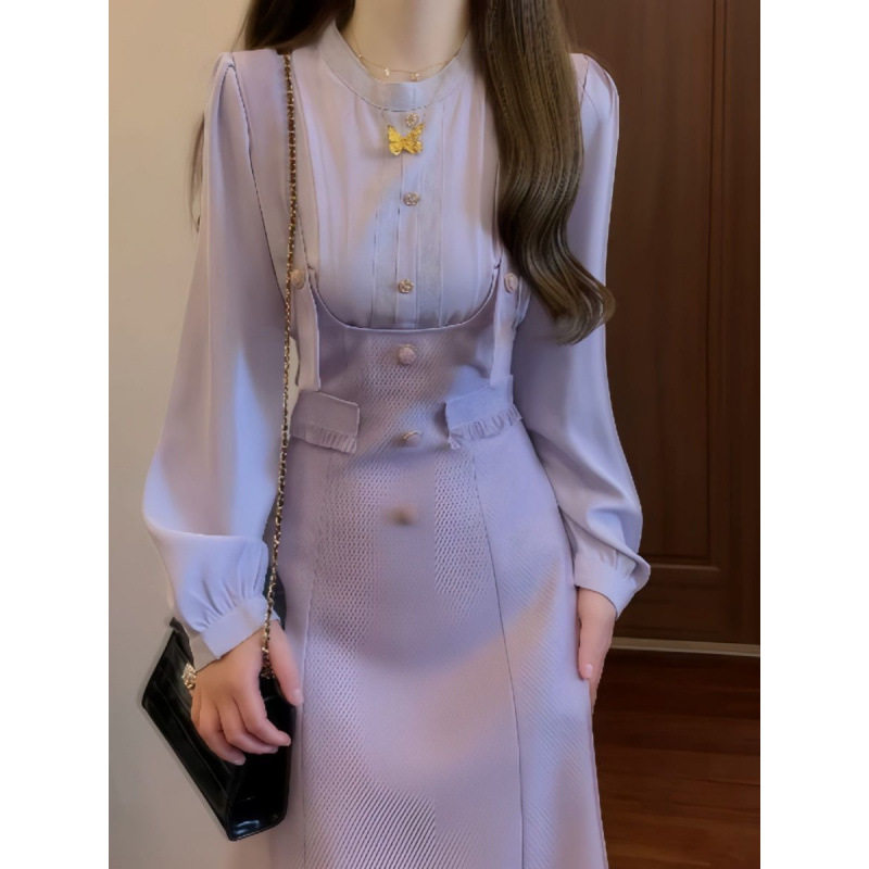 法式温柔风两件套紫色背带连衣裙女高级感气质修身显瘦小个子