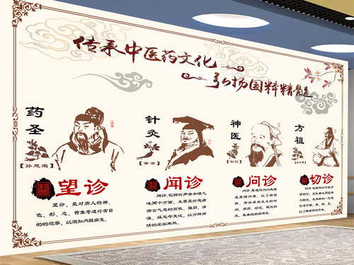 中医推拿针灸理疗望闻问切中医文化装饰画背景墙壁画养生药店壁纸