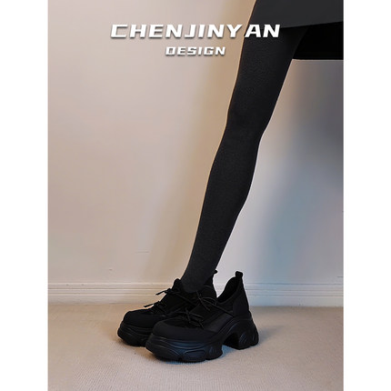 牛皮版！7CM小个子增高厚底松糕鞋女蝴蝶结芭蕾风乐福鞋运动单鞋