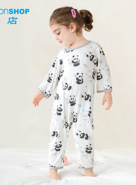女童连体睡衣春夏薄款抗菌女孩熊猫家居服空调服优可丝宝宝睡衣夏