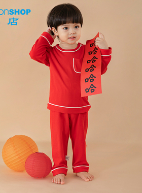 男女宝宝新年服睡衣套装纯棉红色喜庆拜年家居服儿童过年秋衣秋裤