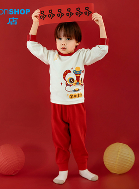 宝宝新年服套装纯棉套装婴儿秋衣秋裤红色过年男女童睡衣拜年衣服