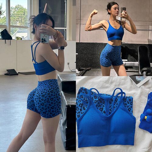 瑜伽套装细带美背健身服速干提臀豹纹瑜伽高腰运动文胸短裤两件套