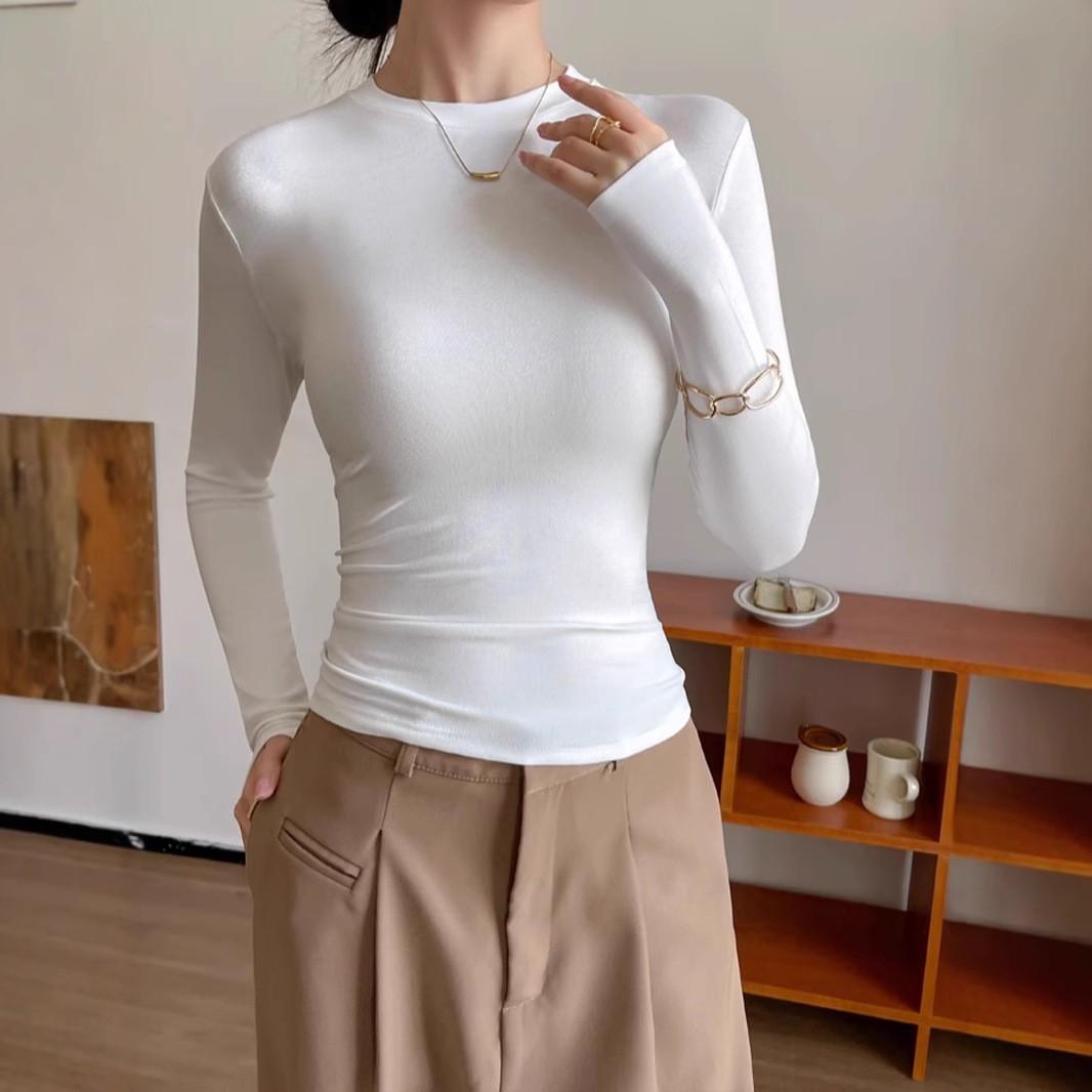 圆领黑色打底衫女螺纹春秋冬季西装内搭修身洋气长袖T恤针织上衣