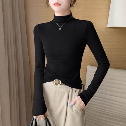 黑色莫代尔半高领打底衫女2024新款春秋冬内搭长袖中领修身上衣