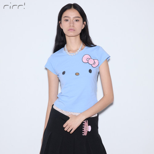 rirri 春夏新品恶搞kitty亮片绣花修身蓝色全棉T恤上衣