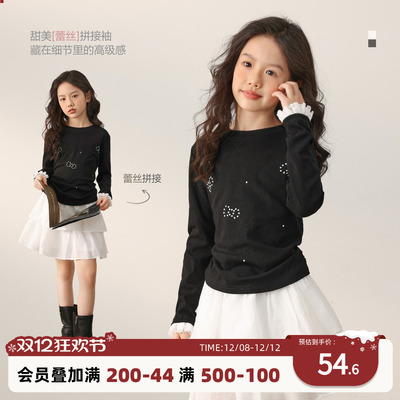 女童黑色蕾丝边长袖t恤