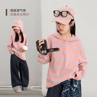 NORNOR陈大猪童装女童条纹卫衣大童春季薄款宽松儿童休闲连帽上衣