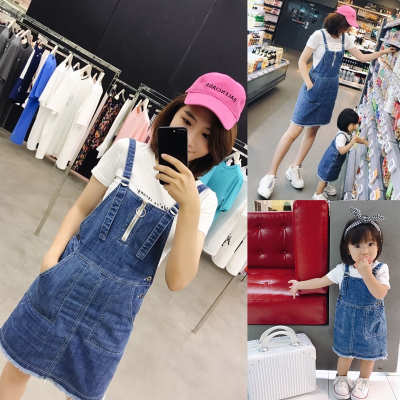 LUSON媽 親子裝夏裝2018新款潮母女親子裙女寶寶韓版牛仔背帶裙