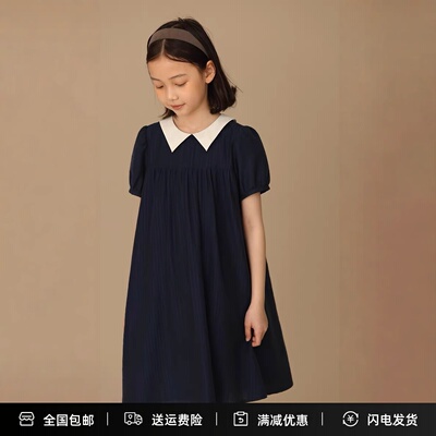 23夏季新品童装清凉透气撞色泡泡袖学生裙子洋装中大童女童连衣裙