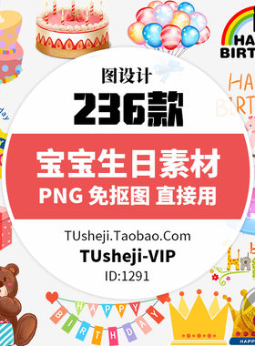 宝贝生日快乐PNG免抠图文字元素 手绘可爱卡通蛋糕彩旗礼品盒素材