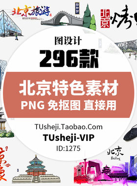 卡通北京特色地标城市美食糖葫芦烤鸭旅游地图插画PNG免扣图素材