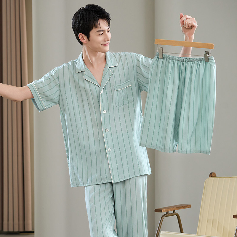 夏天棉绸睡衣男士夏季凉感宽松加肥加大码短袖短裤长裤三件套外穿