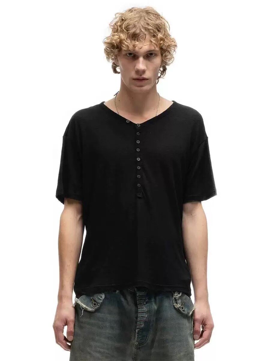 No Faith Studios Henry Collar Buttoned Basic Short-Sleeve T-Shirt with Frayed Bamboo Texture and Snowflake Pattern
