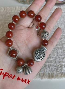 Super max 原创小众设计纯银s925复古做旧镂空小鱼玛瑙百搭手链