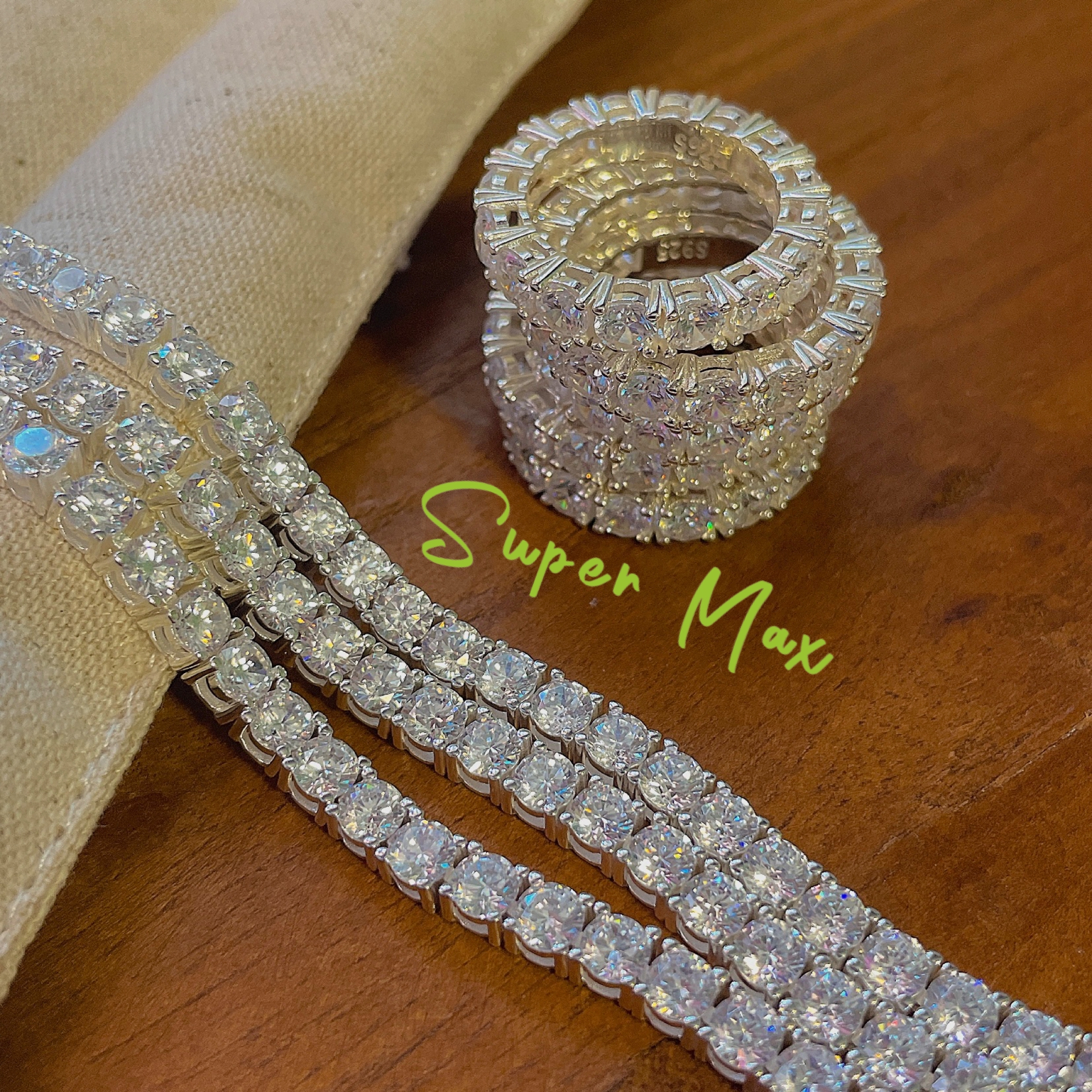 super MAX 自留宽爆闪S925纯银重工大颗锆石百搭叠戴手链戒指