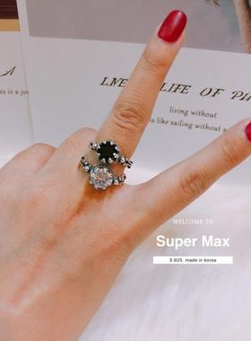 韩国进口纯银叠戴夸张黑白戒指