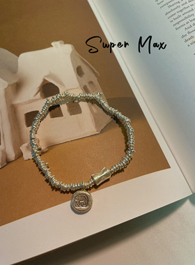 小众设计原创S925纯银泰国手工银碎银子大象圆牌叠戴百搭手链女