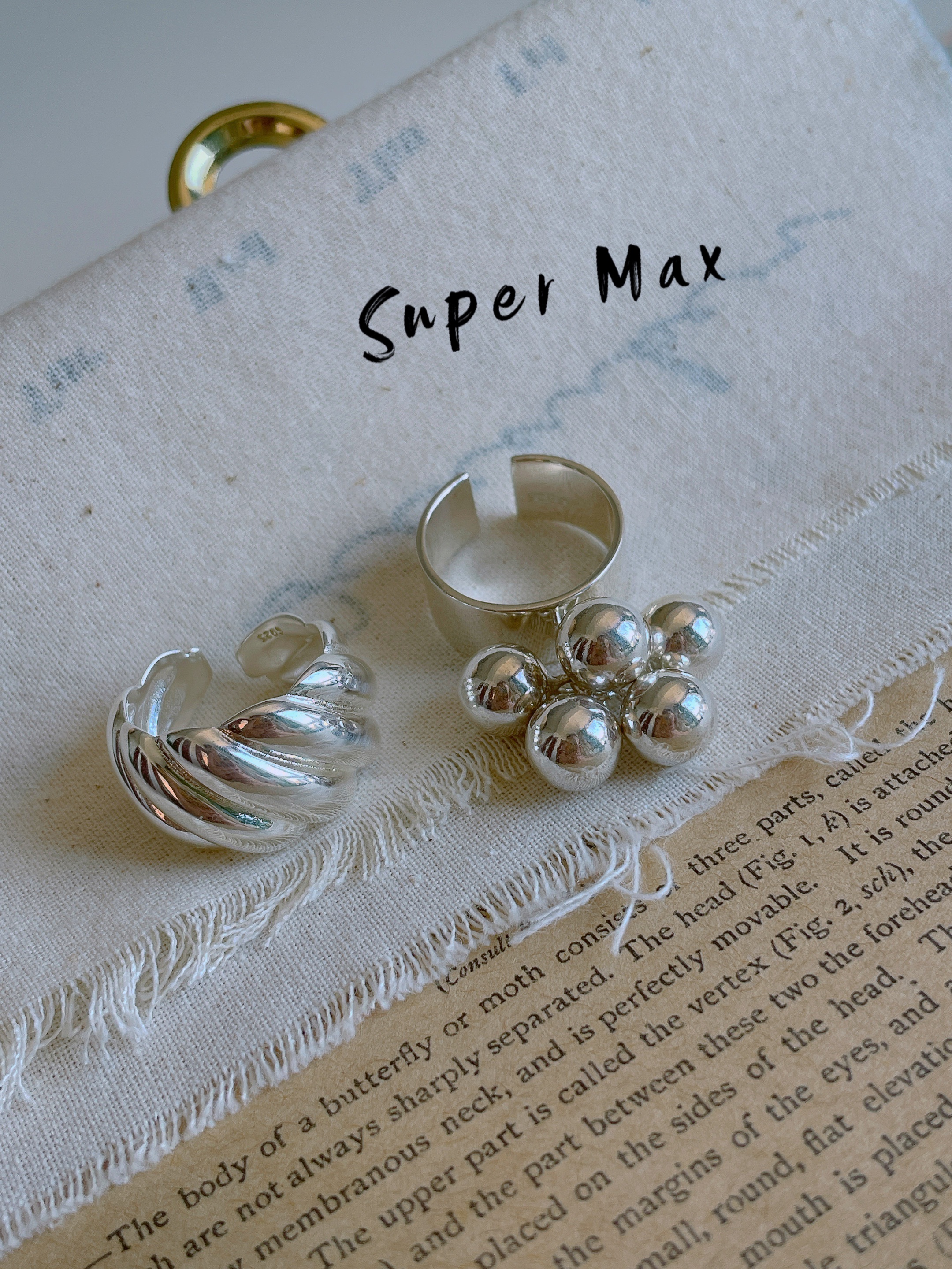 韩版小众设计925纯银开口INS风简约重工球球螺纹百搭潮人戒指女