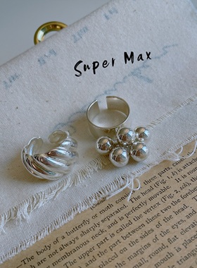 韩版小众设计925纯银开口INS风简约重工球球螺纹百搭潮人戒指女