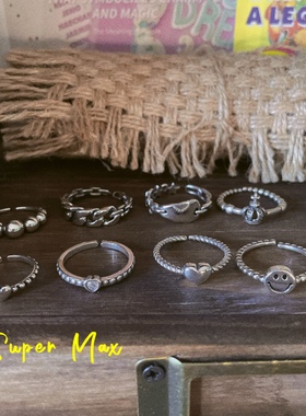 super max 纯银S925小众设计款开口笑脸爱心星星皇冠做旧戒指尾戒