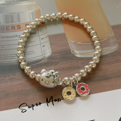 原创小众设计s925纯银可爱猫咪甜甜圈简约银珠叠戴冷淡风珠珠手链