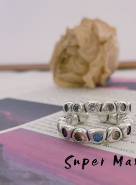 Supermax韩版纯银s925小众设计款重工小石头彩色锆石叠戴开口戒指