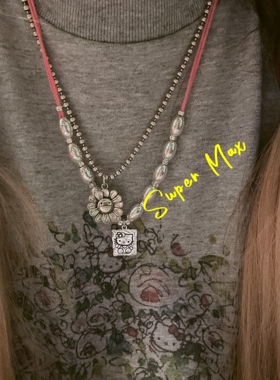 Supermax韩版小众设计款s925纯银kt猫方牌米珠棉线抽拉叠戴项链