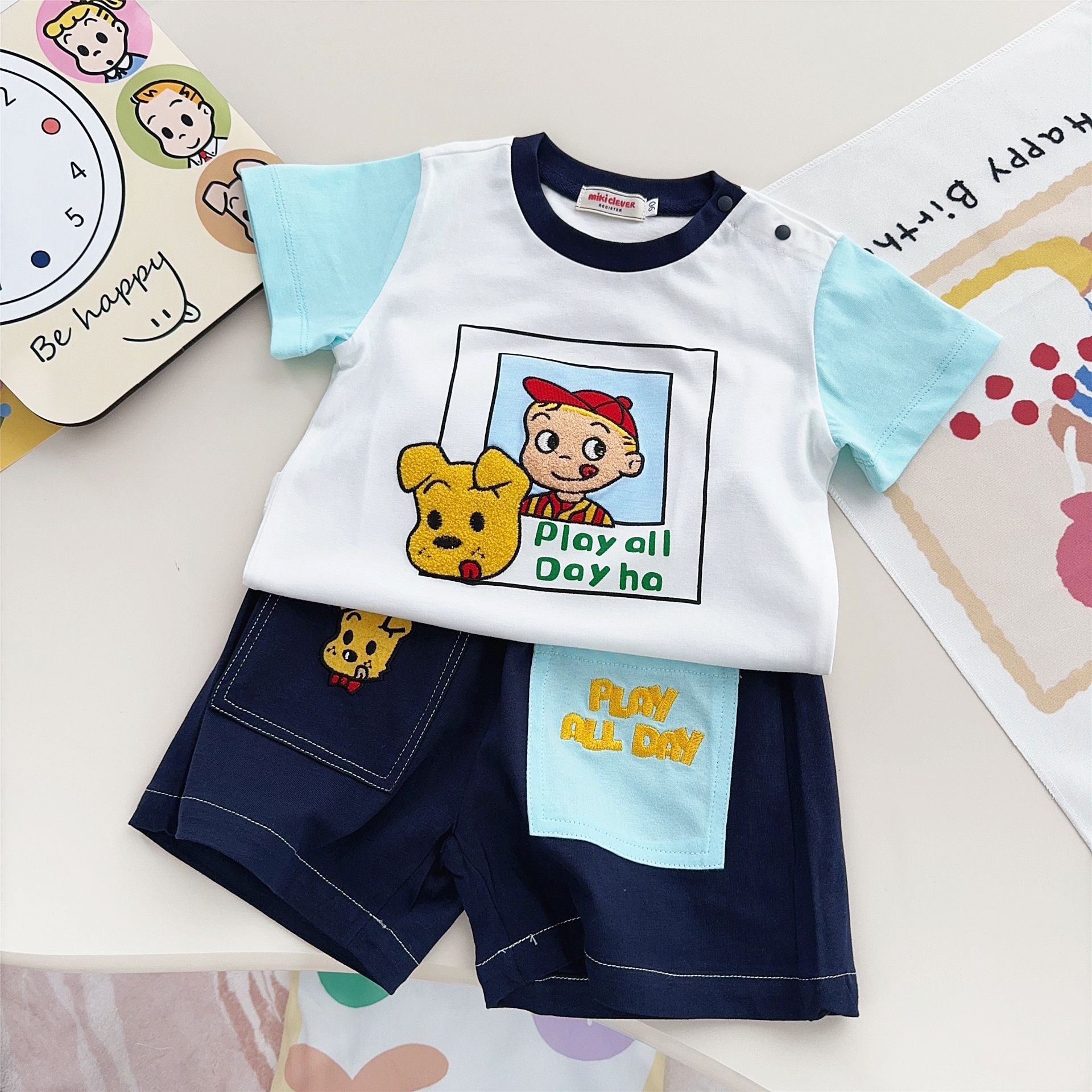 原田治夏款25日系男女童装贪吃小狗男孩毛巾绣短袖裤薄棉两件套装