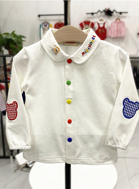 春秋日单miki兄妹装儿童衬衣男女宝小熊彩扣长袖内搭白色翻领T恤