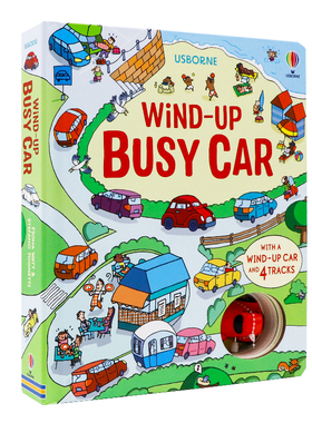 现货Usborne 繁忙的小汽车 Wind-Up Busy Car 英文原版 益智儿童发条玩具书轨道书 大开本纸板 含小汽车和4个轨道槽 亲子互动读物
