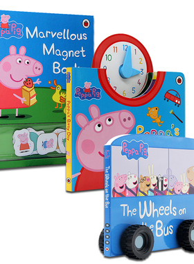 小猪佩奇时钟书英文原版绘本 Peppa Pig Peppa's Busy Day 粉红猪小妹 The Wheels on the Bus 轮子上的巴士 磁铁书 3册纸板书