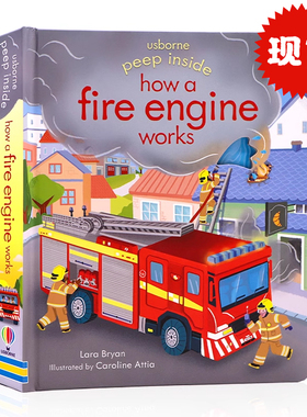 现货 Usborne出版 偷偷看里面系列 消防车 纸板翻翻书洞洞书 英文原版绘本 Peep Inside how a Fire Engine works尤斯伯恩科普认知