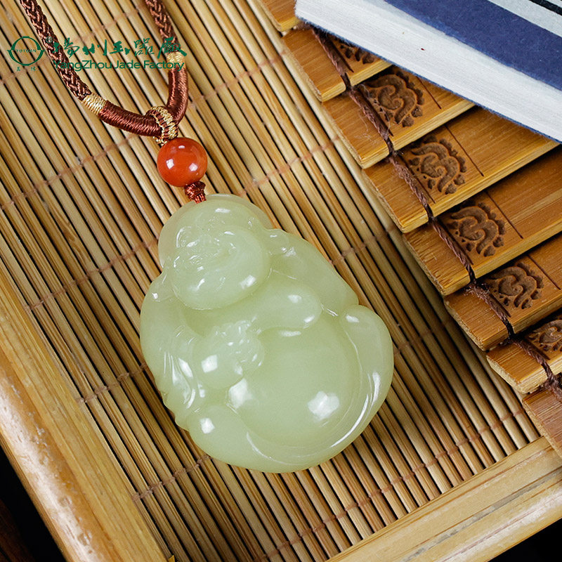 玉缘天然和田玉青海黄口料笑佛挂件吊坠油润细腻结构少扬州玉器厂