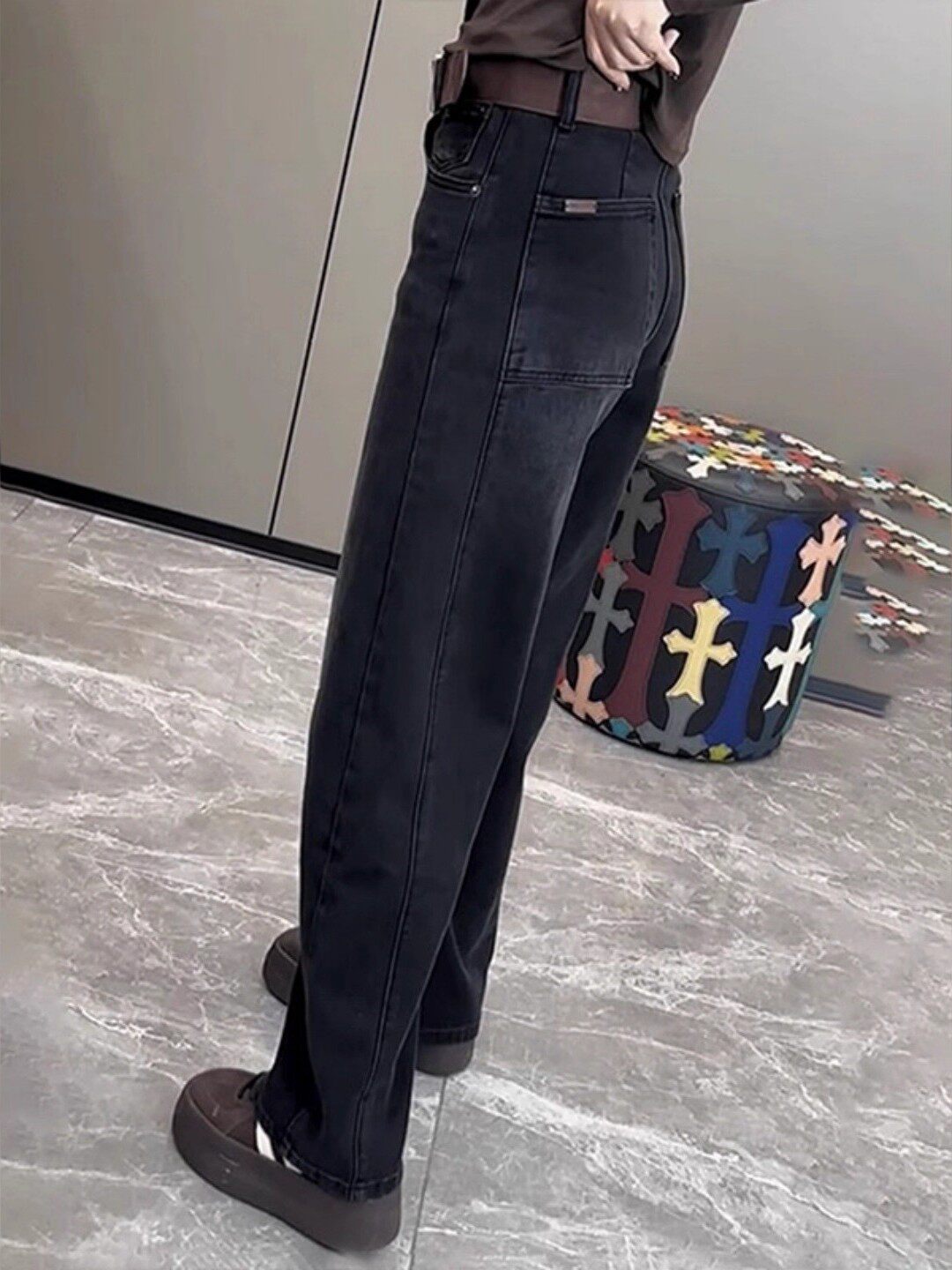黑灰色弯刀窄版牛仔裤女秋冬加绒加厚大码胖mm高腰显瘦直筒阔腿裤
