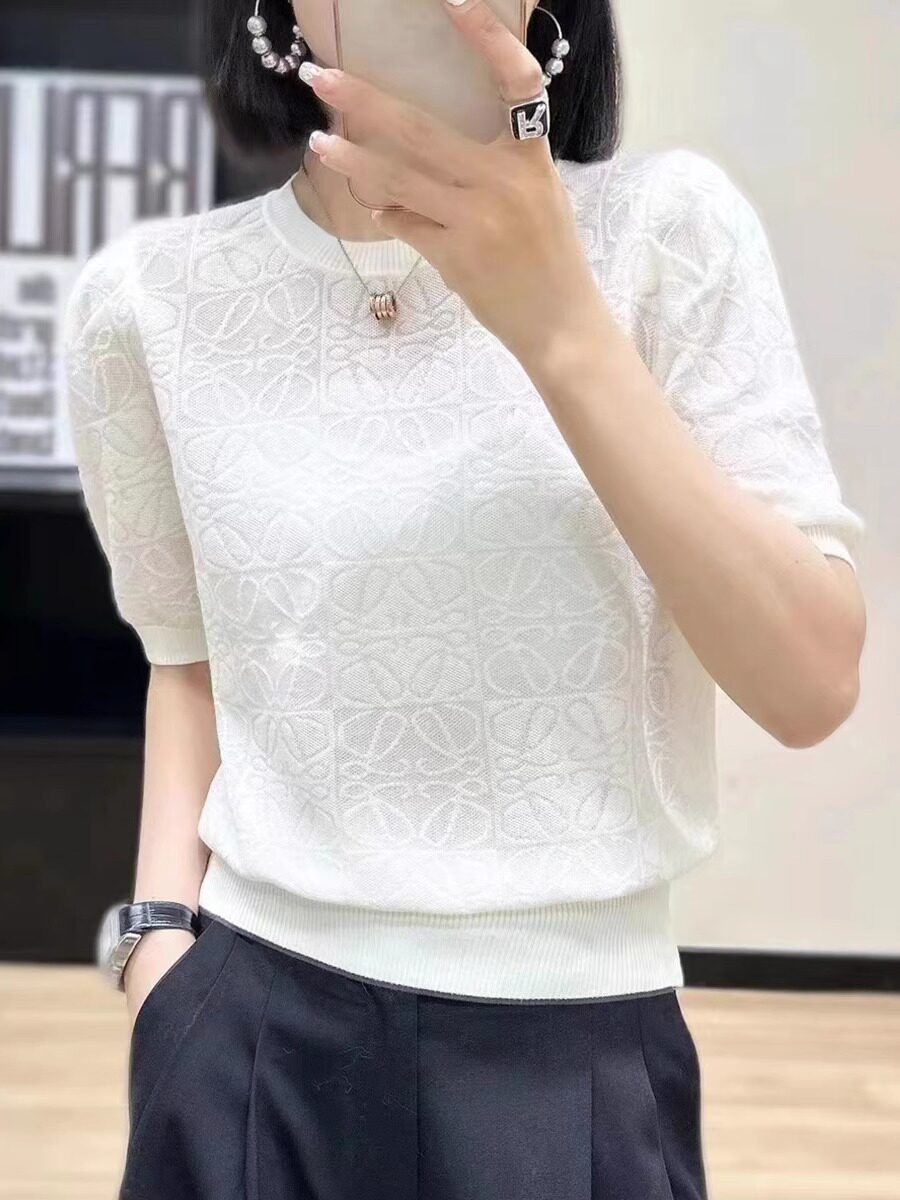 正肩短袖t恤女夏季2025新款减龄提花圆领冰丝针织衫短款上衣薄款