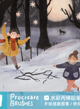 【水彩丙烯彩铅色粉】Procreate笔刷ipad质感涂鸦ins插画素材ST4