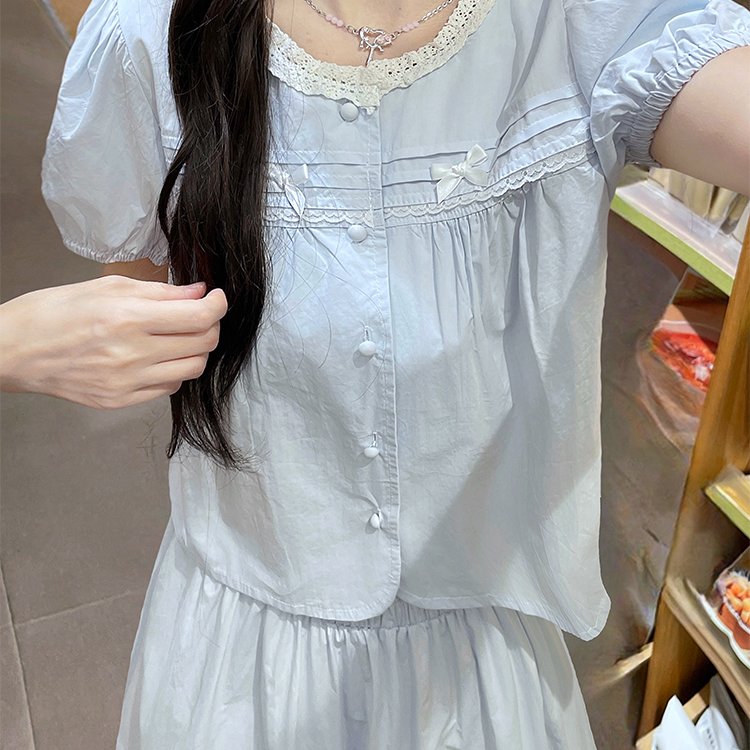 实拍新款小个子甜美夏季短袖衬衫+长款半身裙女蕾丝套装裙