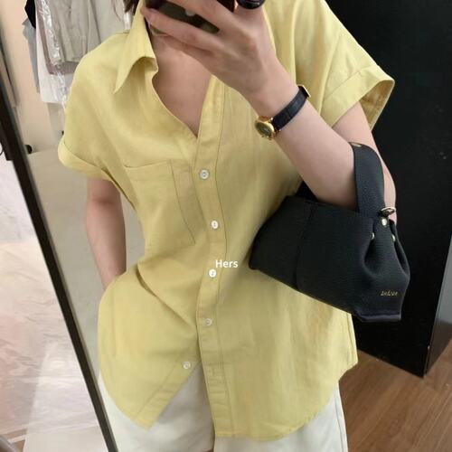 Hers夏季新款韩版糖果色宽松口袋短袖上衣休闲小飞袖简约V领衬衫