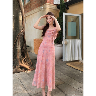 实拍 夏季新款女装法式优雅蝴蝶结印花裙子雪纺碎花连衣裙女