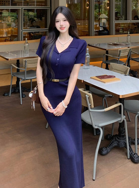 V领法式气质Polo领短袖针织包臀长裙女夏复古修身显瘦百褶连衣裙