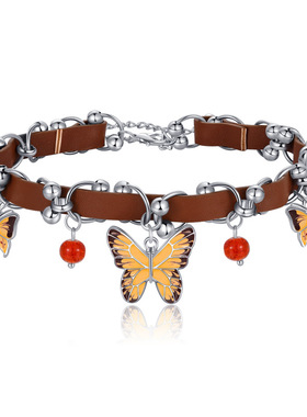 美拉德棕色皮革蝴蝶choker项链女