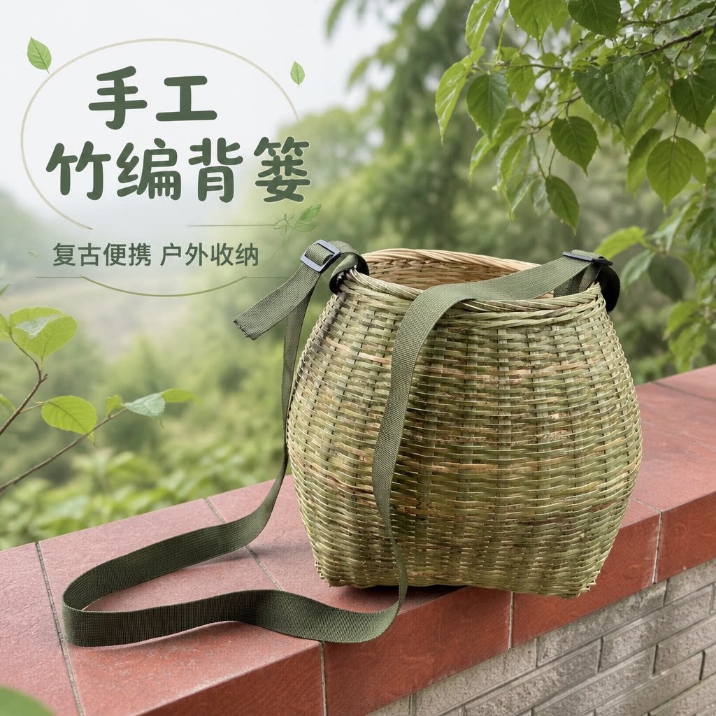 手工竹编斜挎背篓青皮竹采茶篓鱼篓户外采摘收纳筐编织采茶篓